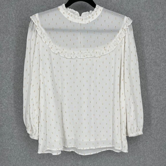 Draper James Womens Clip Dot Blouse Top Size L White Gold Metallic Ruffle Modest - Picture 1 of 14